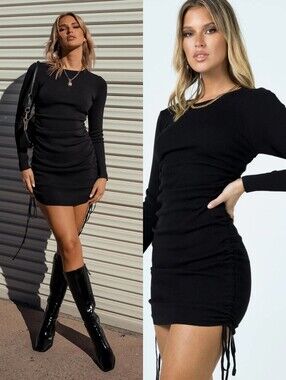 LIONESS Military Minds Black Long Sleeve Side Ruched Drawstring Mini Dress XS